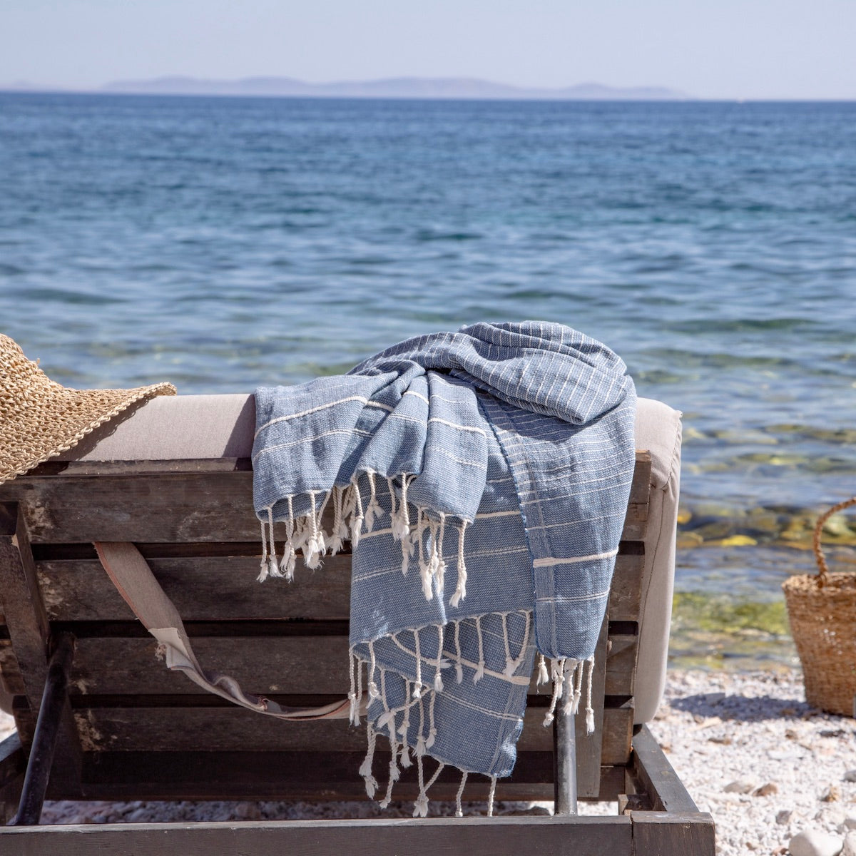 Perla Marine Blue Turkish Cotton Hammam Beach Towel