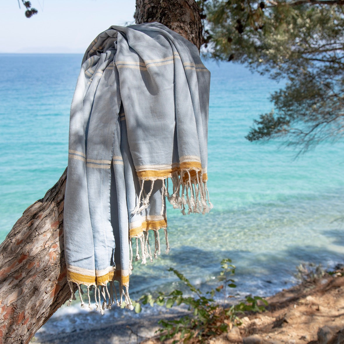 Mykonos • Sky Blue & Mustard Turkish Cotton Beach Hammam Towel