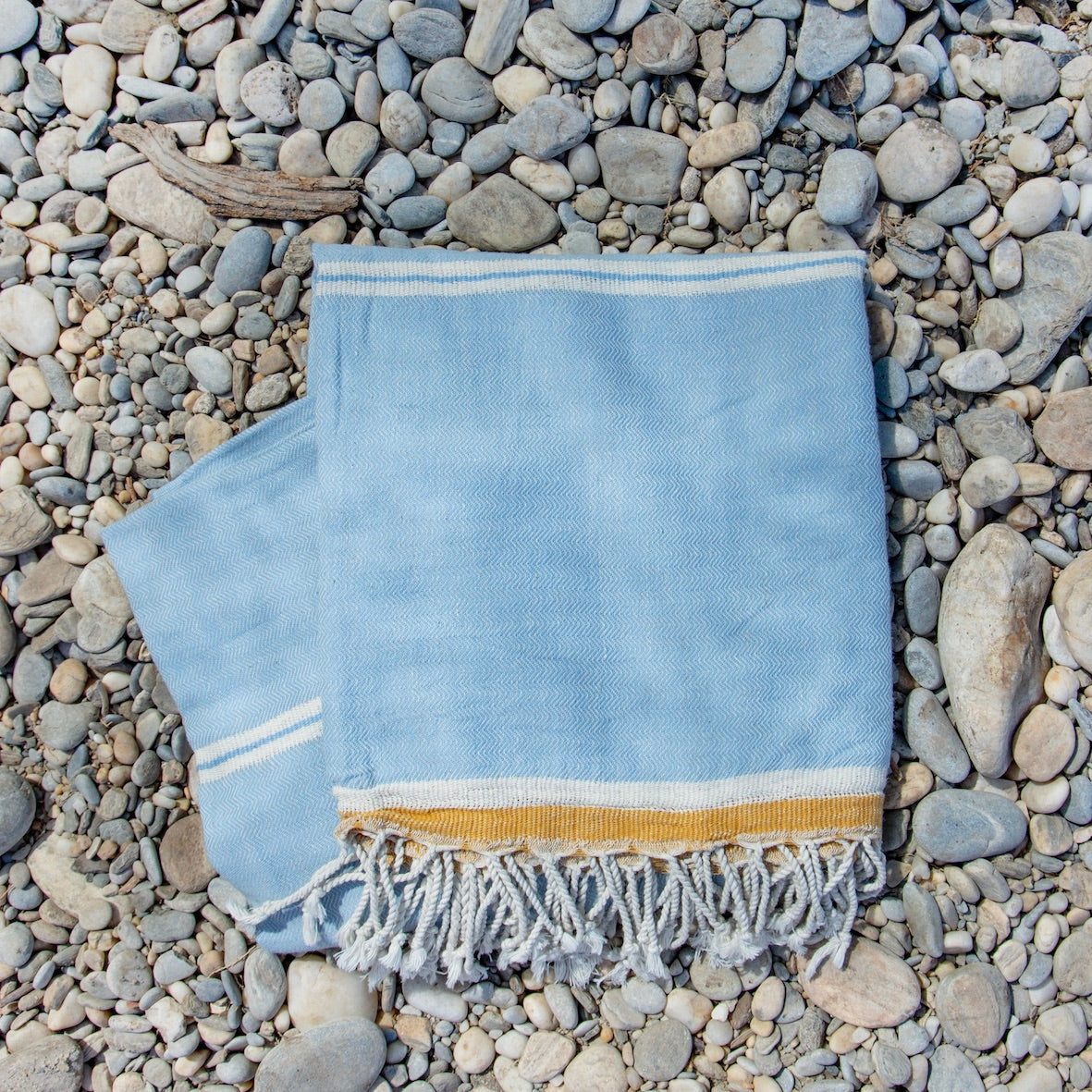 Mykonos • Sky Blue & Mustard Turkish Cotton Beach Hammam Towel