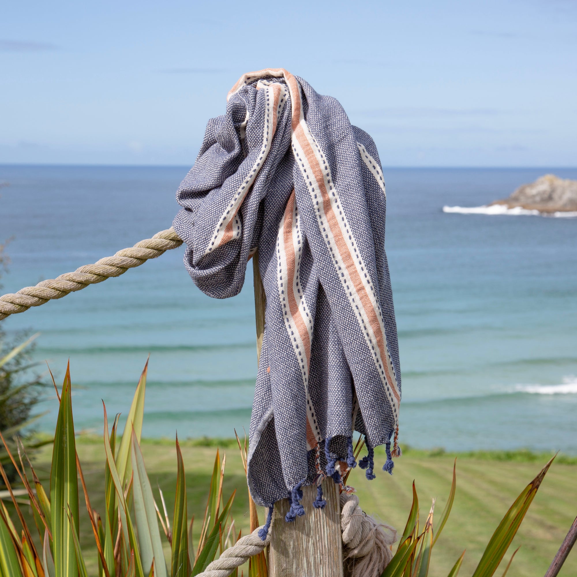 Paros • Indigo & Terracotta Stripes Turkish Hammam Beach Towel