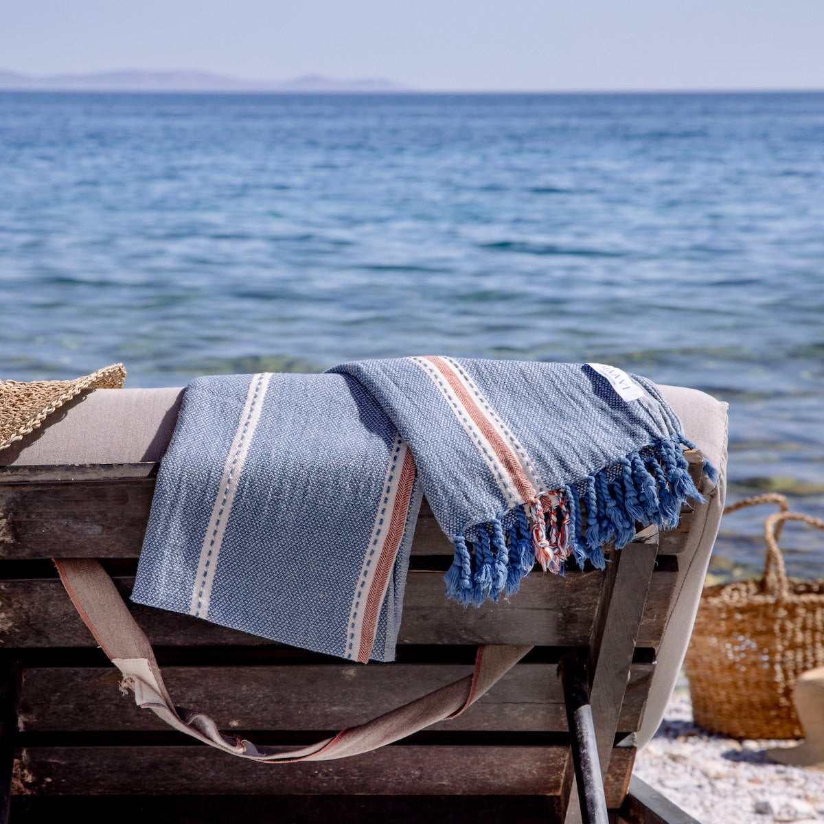 Paros • Marine Blue & Terracotta Stripes Turkish Hammam Beach Towel