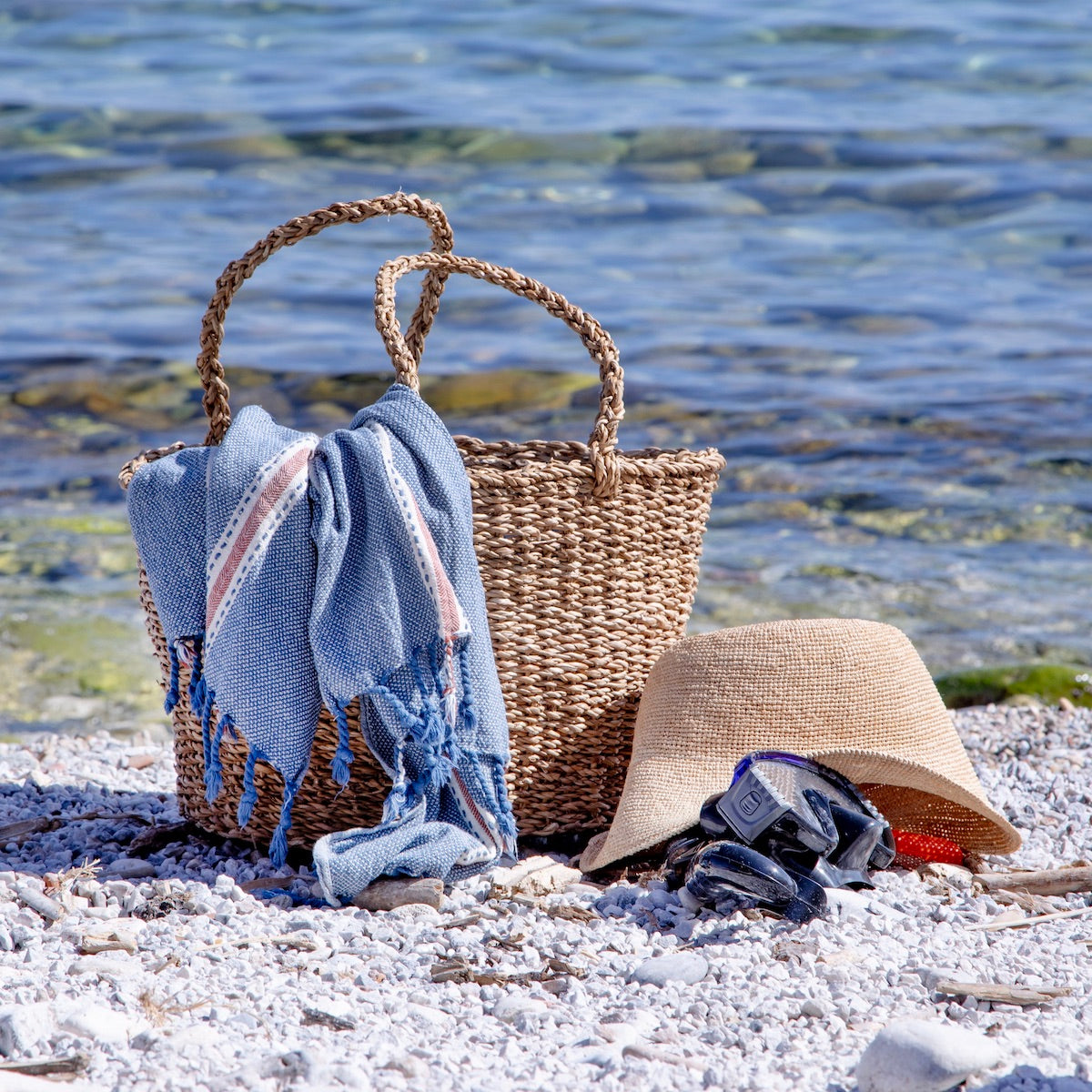Paros • Marine Blue & Terracotta Stripes Turkish Hammam Beach Towel