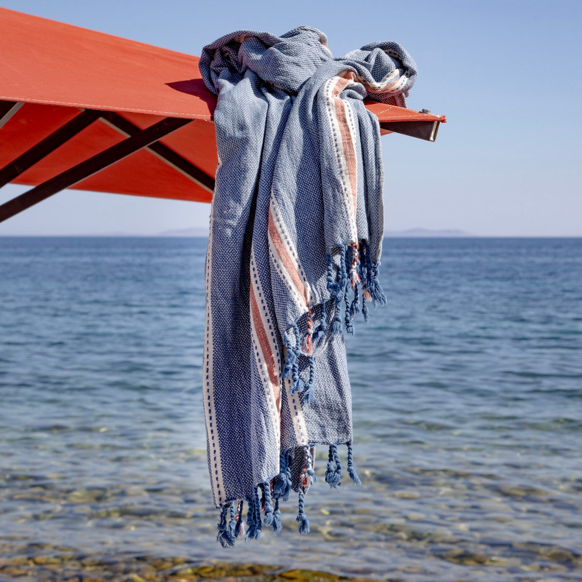 Paros • Marine Blue & Terracotta Stripes Turkish Hammam Beach Towel