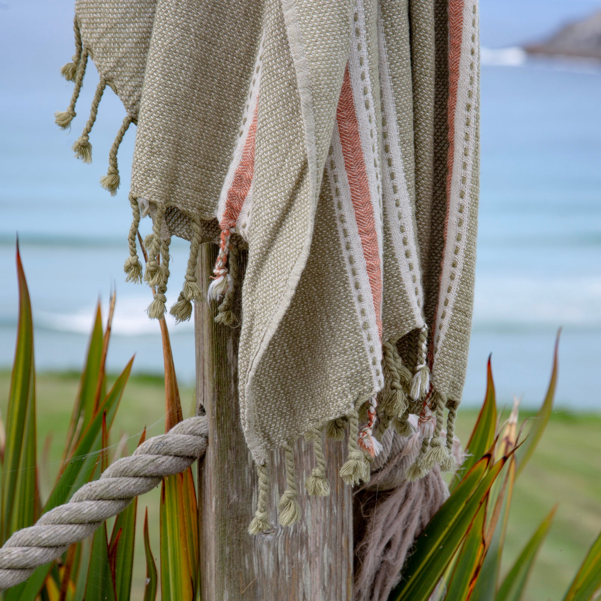 Paros • Sage Green & Terracotta Stripes Turkish Hammam Beach Towel