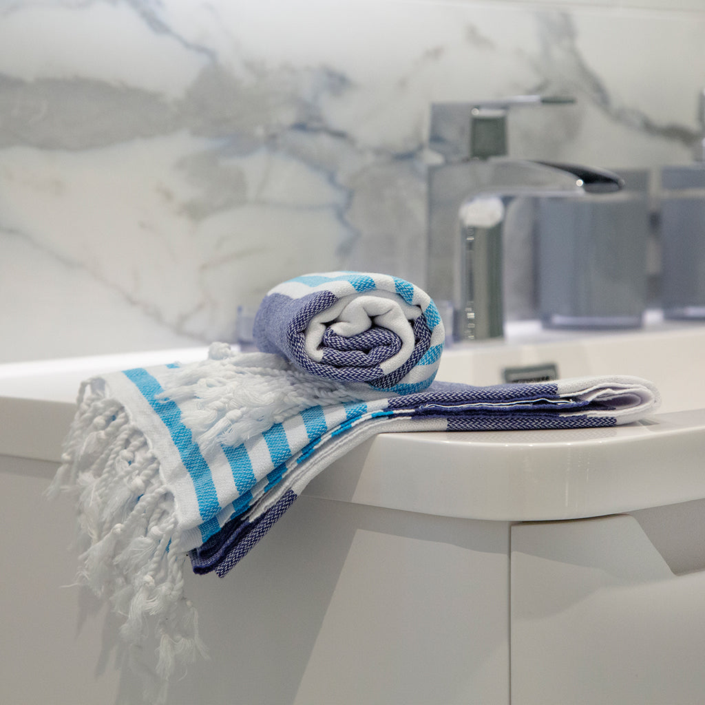 Santorini • Hand Towel • Navy & Turquoise Stripes