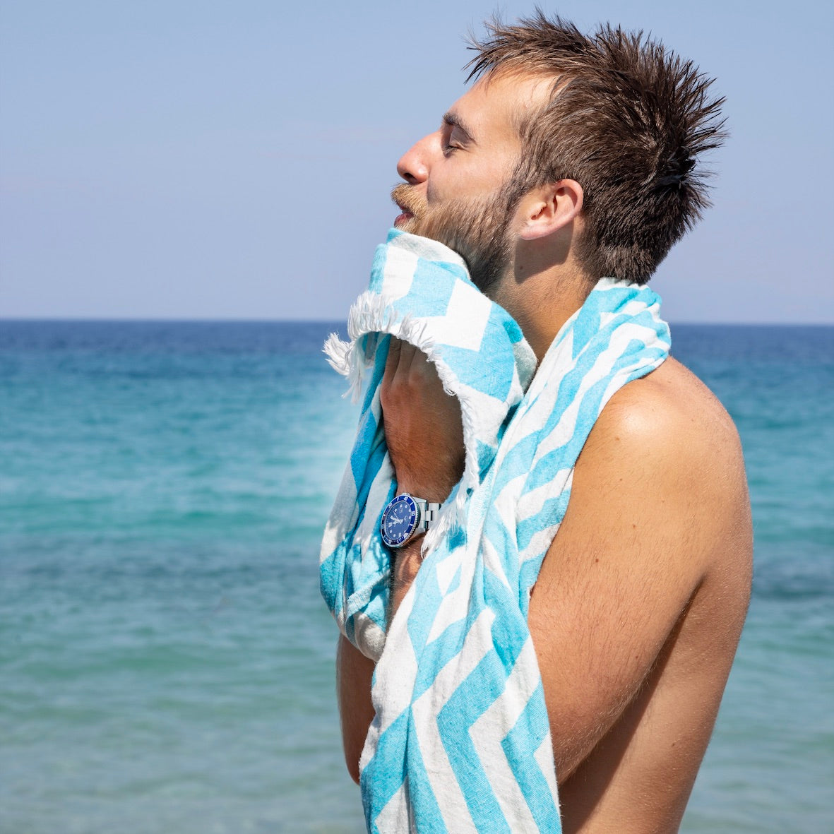 Rio • Turquoise - Cream Turkish Cotton Hammam Beach Towel