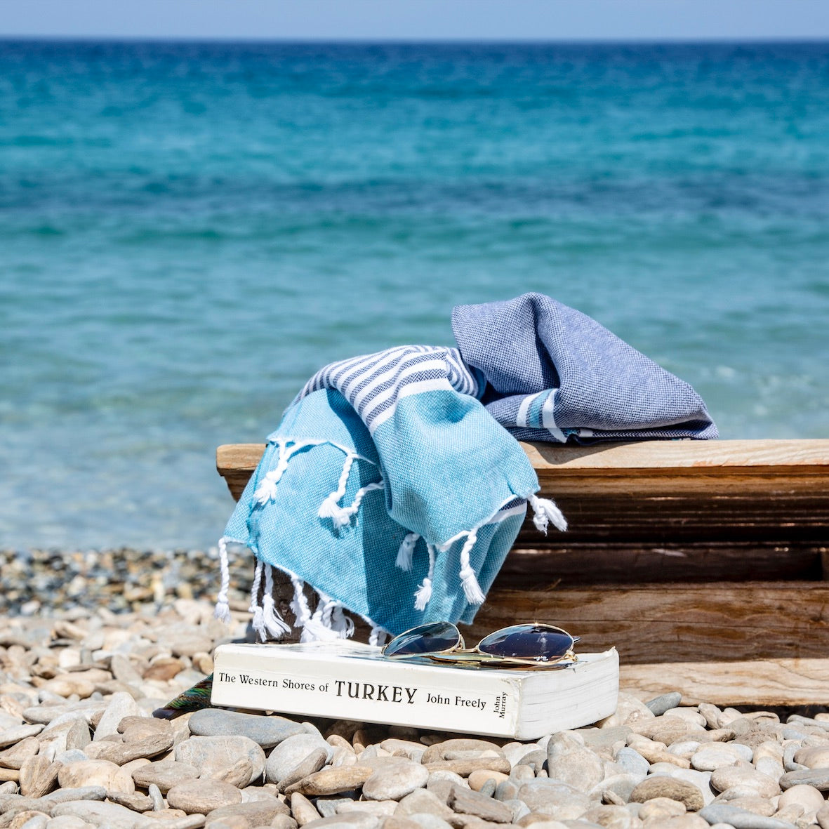 Monaco • Indigo Blue & Turquoise Turkish Cotton Hammam Beach Towel