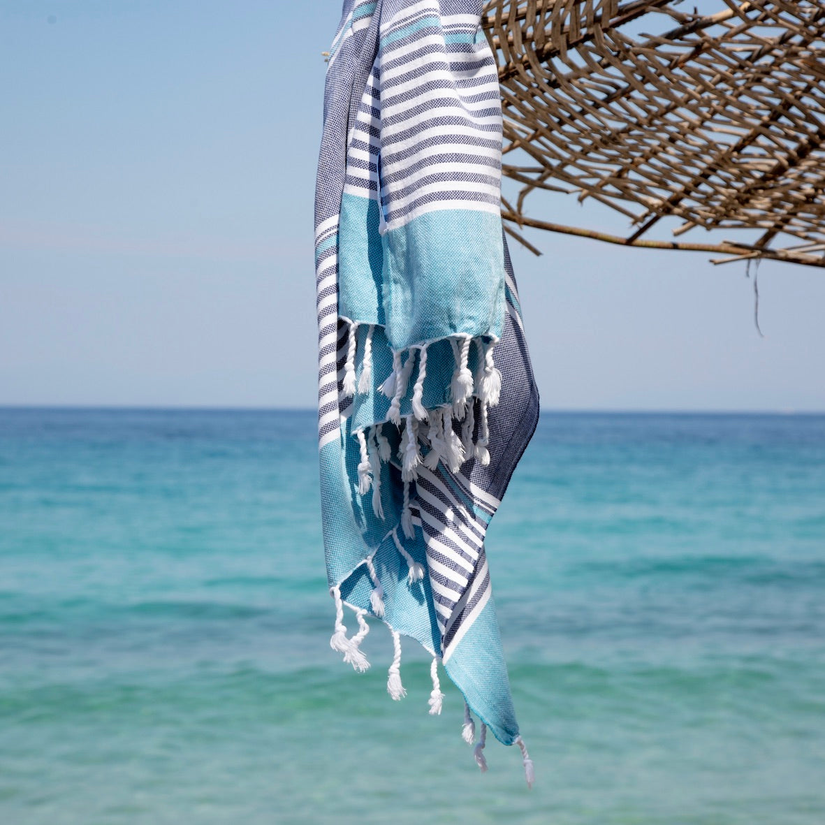 Monaco • Indigo Blue & Turquoise Turkish Cotton Hammam Beach Towel