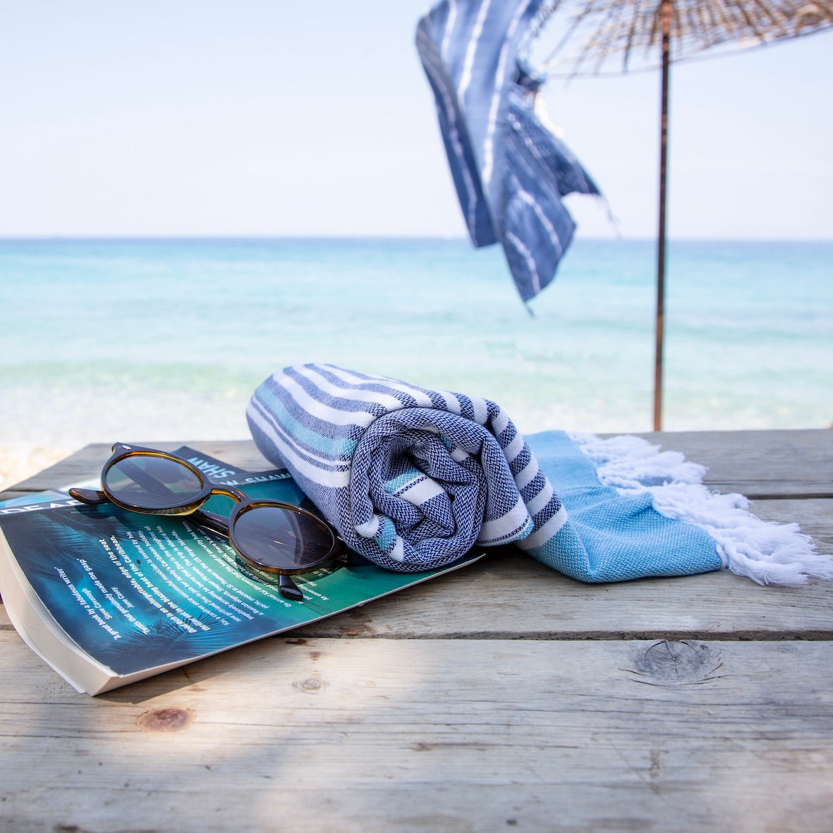 Monaco • Indigo Blue & Turquoise Turkish Cotton Hammam Beach Towel