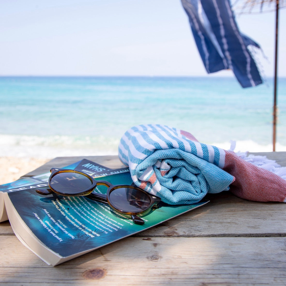 Maavi Turkish Cotton Hammam Beach Towel Monaco Turquoise & Salmon Pink