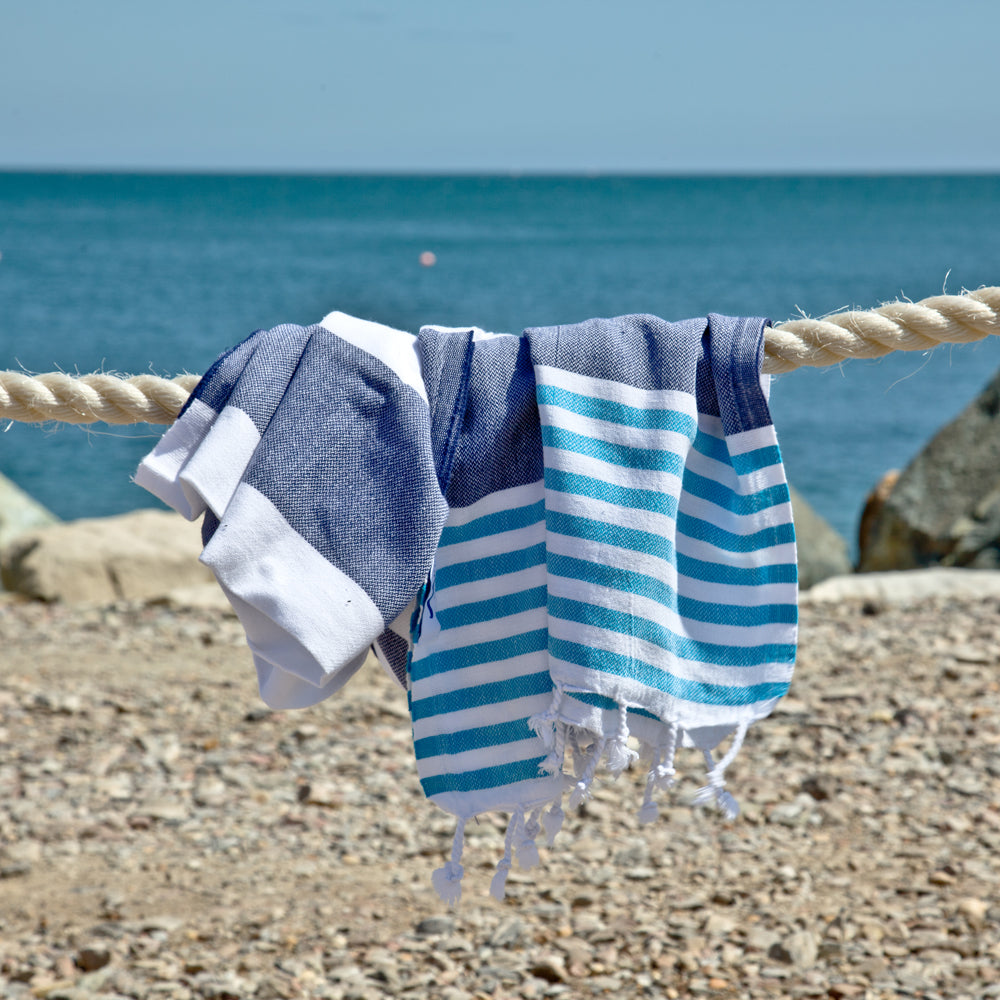 Santorini Navy Turquoise Maavi Turkish Hammam Cotton Beach Towel