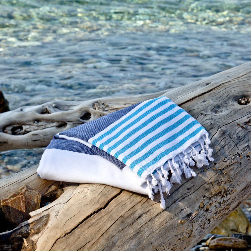 antorini Navy Turquoise Maavi Turkish Hammam Cotton Beach Towel