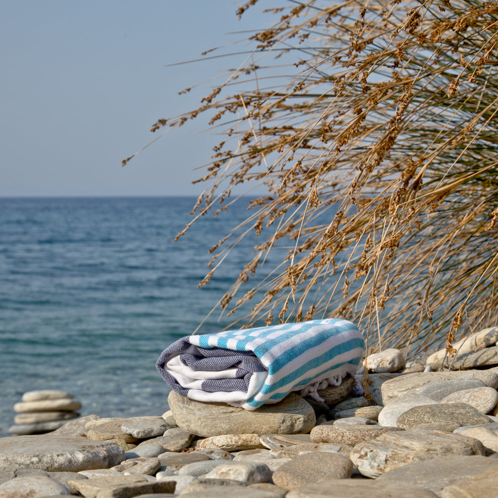 antorini Navy Turquoise Maavi Turkish Hammam Cotton Beach Towel