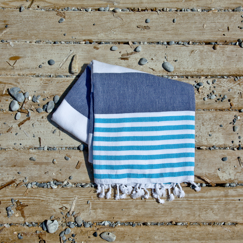 antorini Navy Turquoise Maavi Turkish Hammam Cotton Beach Towel