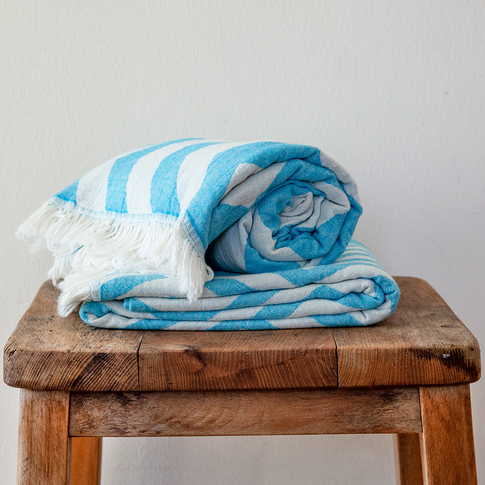 Rio • Turquoise - Cream Turkish Cotton Hammam Beach Towel