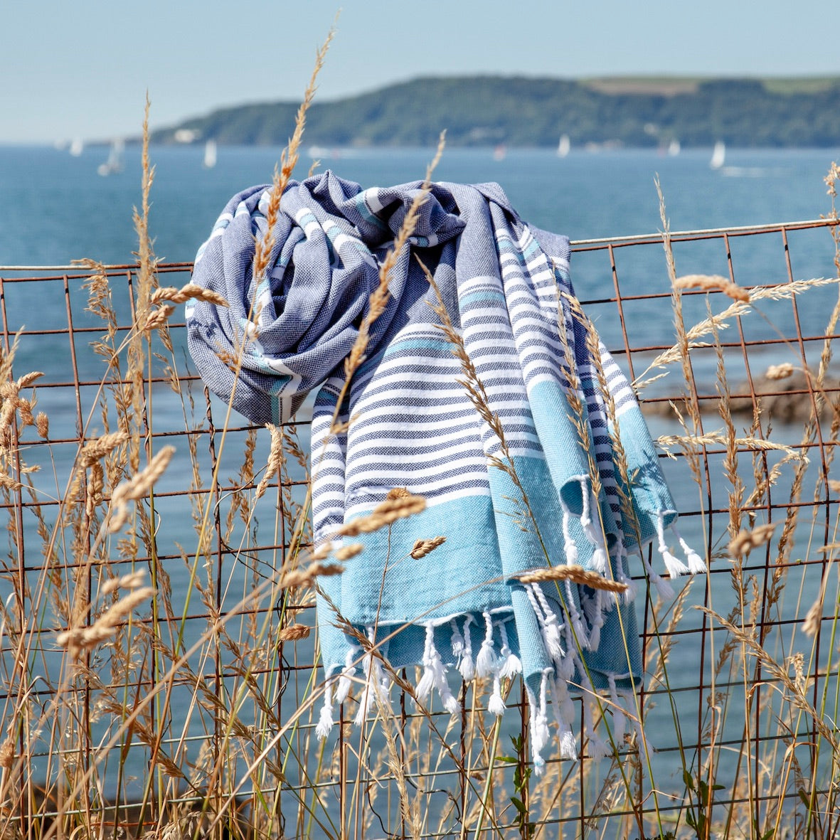 Monaco • Indigo Blue & Turquoise Turkish Cotton Hammam Beach Towel
