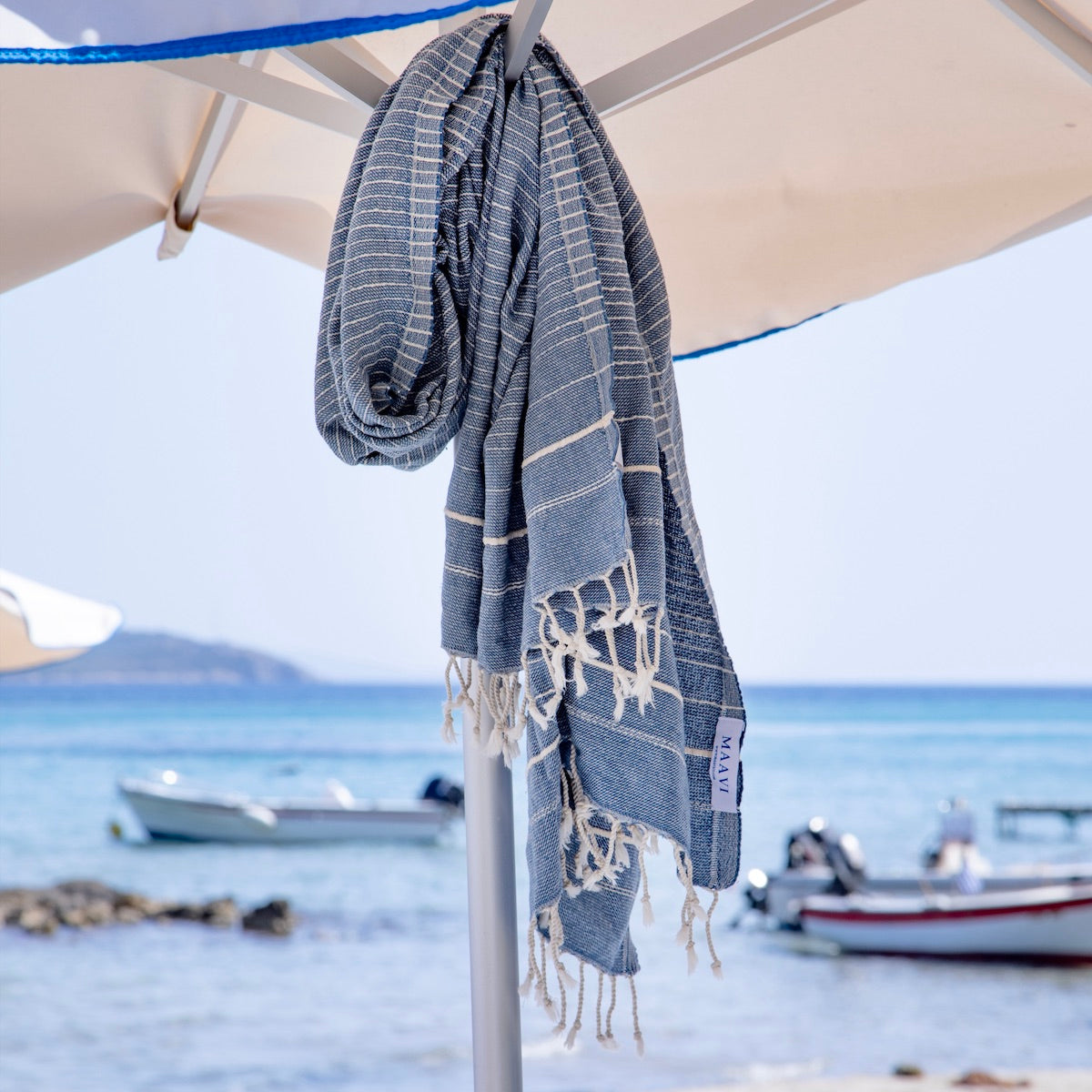 Perla Marine Blue Turkish Cotton Hammam Beach Towel