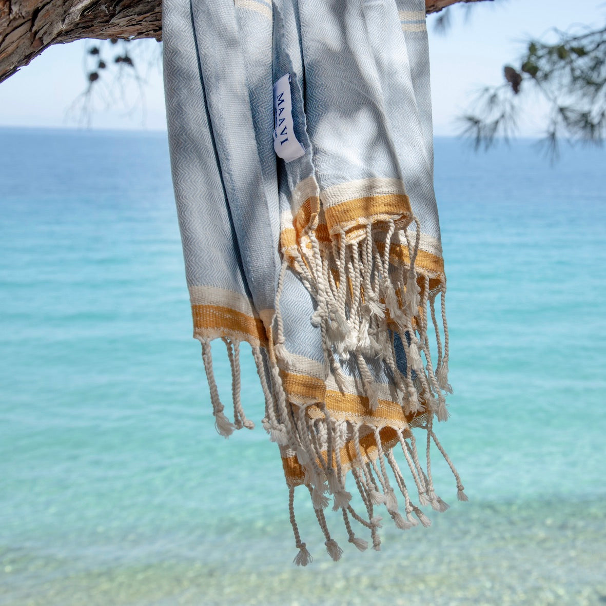 Mykonos • Sky Blue & Mustard Turkish Cotton Beach Hammam Towel