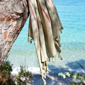 Paros • Sage Green & Terracotta Stripes Turkish Hammam Beach Towel