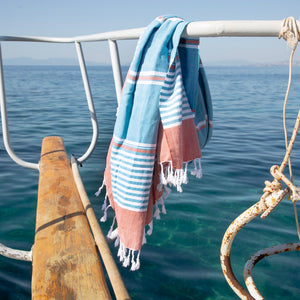 Maavi Turkish Cotton Hammam Beach Towel Monaco Turquoise & Salmon Pink