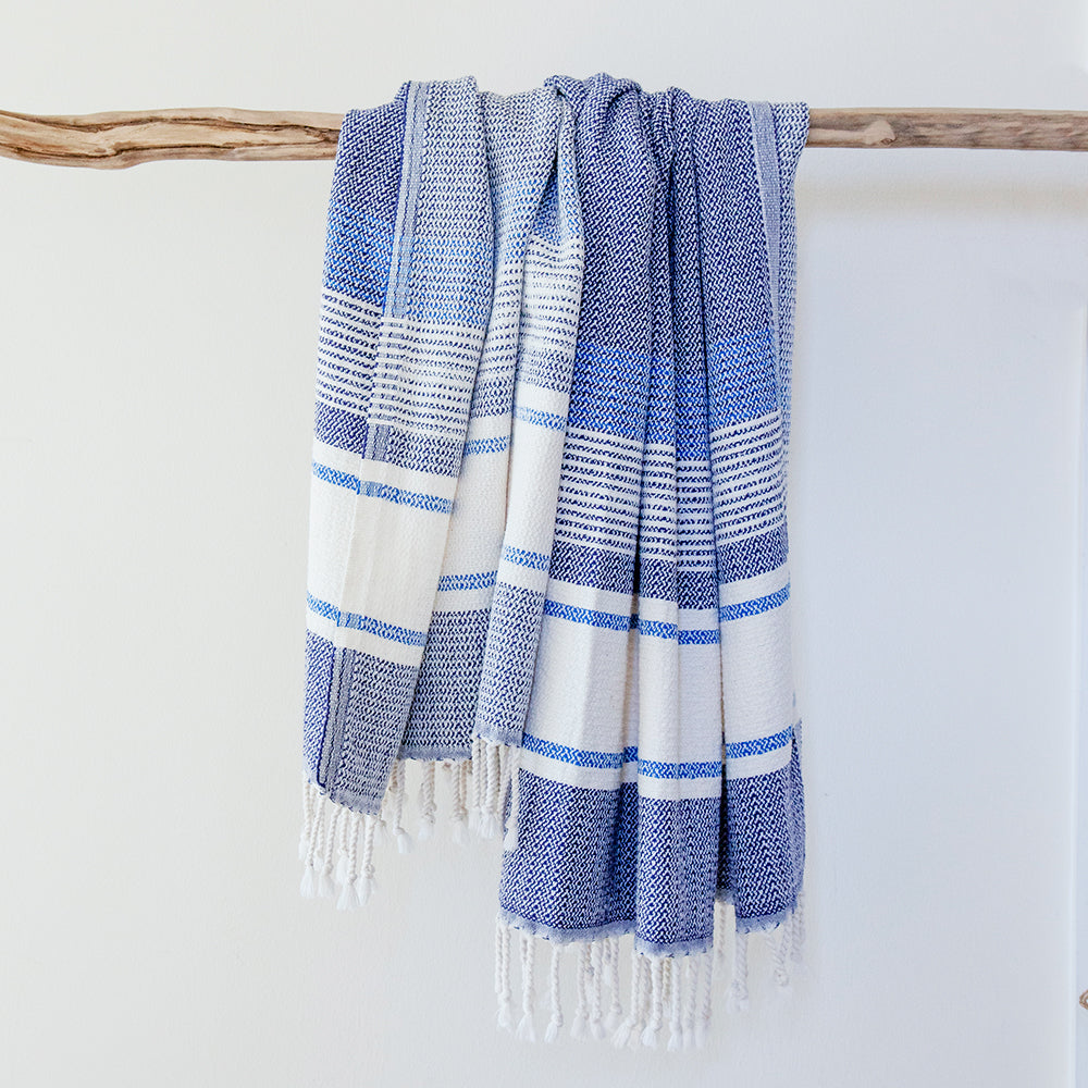 Maavi Padstow • Dark Navy & Bright Blue Cotton Hammam Beach Towel