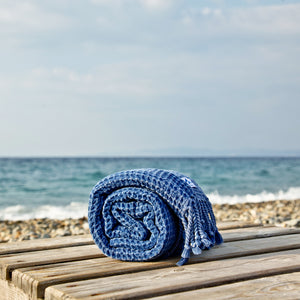 Maavi Turkish Cotton Hammam Beach Towel Symi Waffle Marine Blue