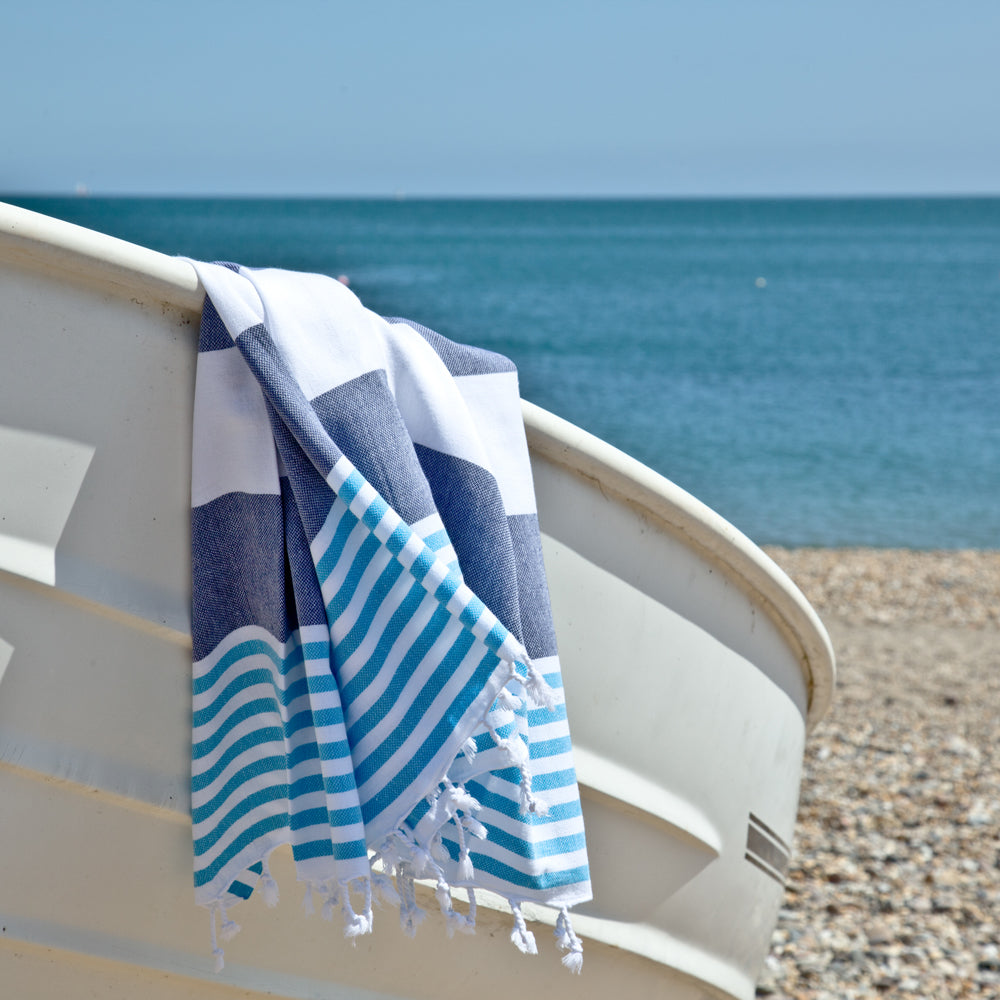 Santorini Navy Turquoise Maavi Turkish Hammam Cotton Beach Towel