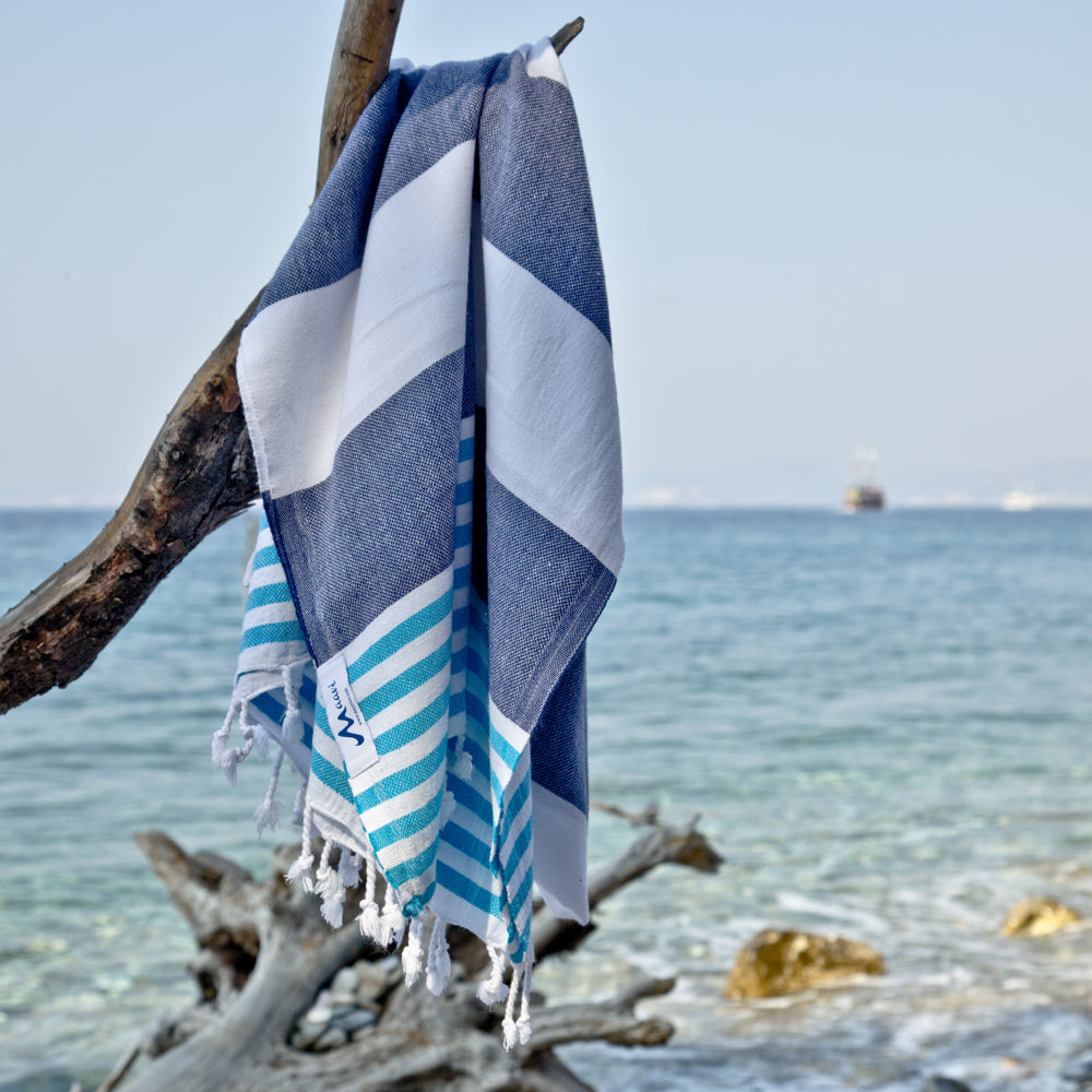 antorini Navy Turquoise Maavi Turkish Hammam Cotton Beach Towel