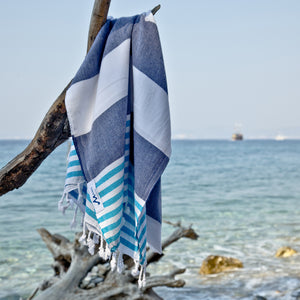 antorini Navy Turquoise Maavi Turkish Hammam Cotton Beach Towel