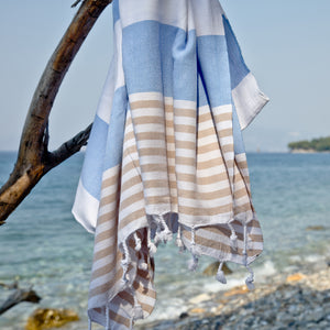 Santorini Light Blue Cream Maavi Turkish Hammam Cotton Beach Towel