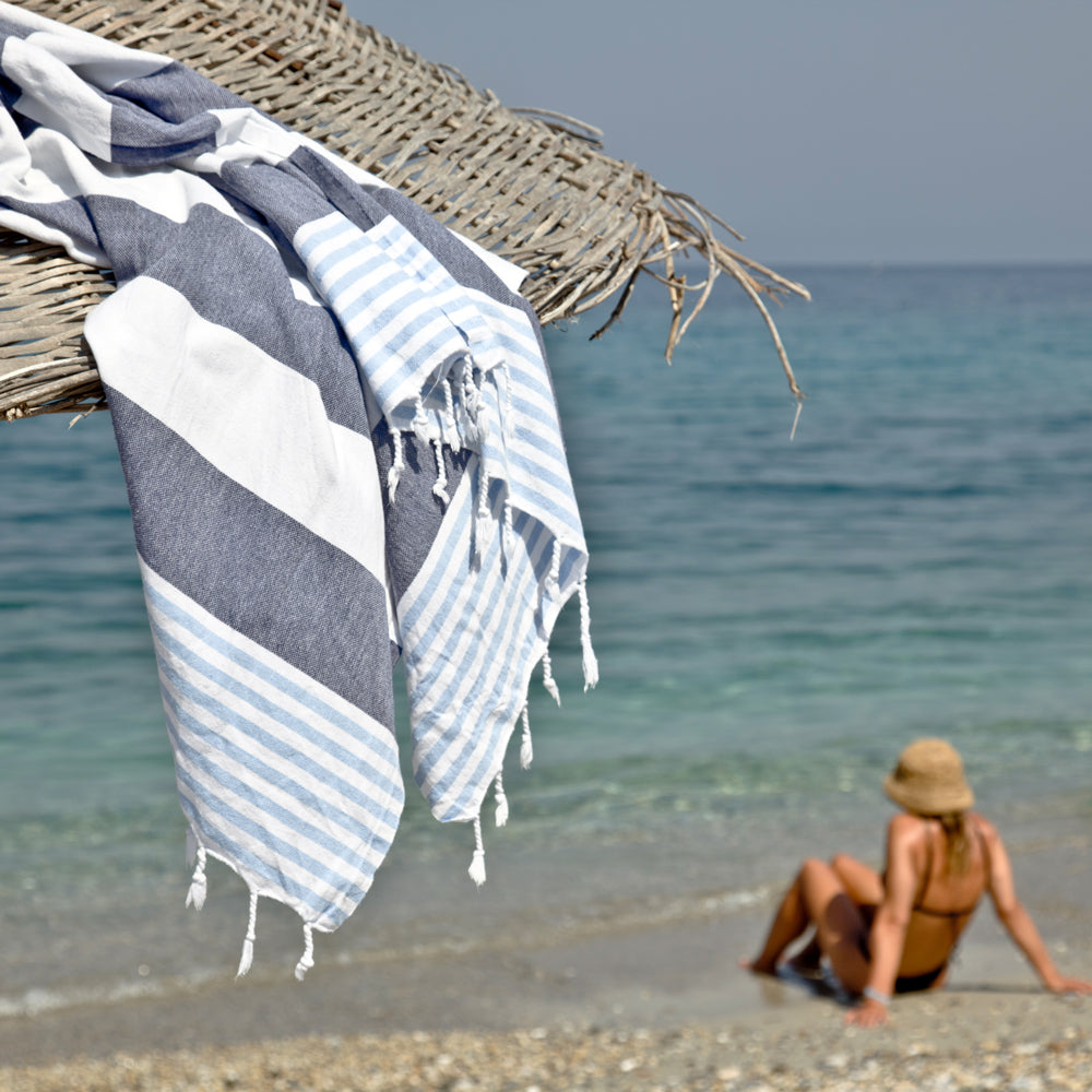 Maavi Santorini · Navy & Sky Blue Stripes Turkish Cotton Hammam Towel