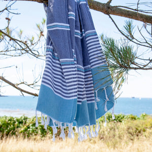 Monaco • Indigo Blue & Turquoise Turkish Cotton Hammam Beach Towel