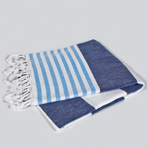 Maavi Santorini · Navy & Sky Blue Stripes Turkish Cotton Hammam Towel