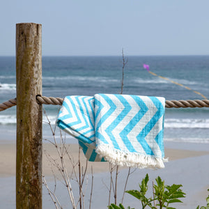 Rio • Turquoise - Cream Turkish Cotton Hammam Beach Towel